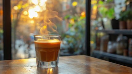 Fototapete - A fresh cup of coffee sits on a wooden table, steam rising as evening sunlight illuminates the room.