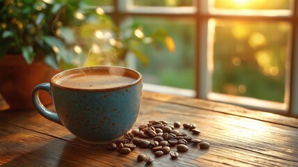 Leinwandbilder - Steam rises from a blue cup filled with coffee on a wooden table next to coffee beans and greenery.