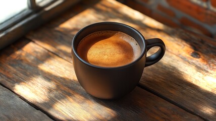 Fototapete - A rich cup of coffee sits on a weathered wooden table, bathed in warm morning light from the window.