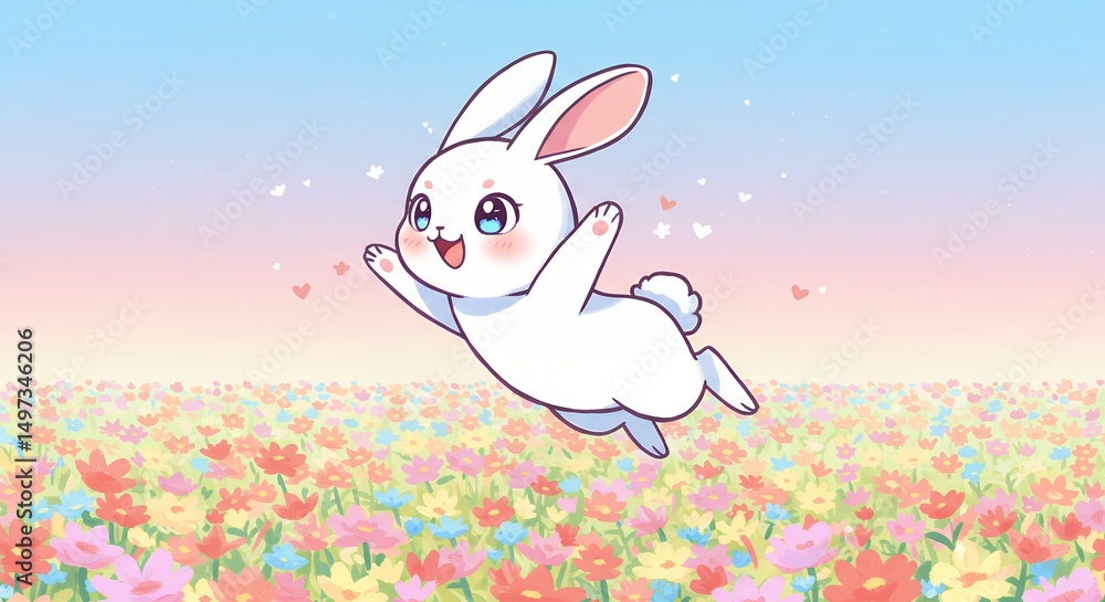 Cute bunny jumping in a colorful flower field in anime style. Soft ...
