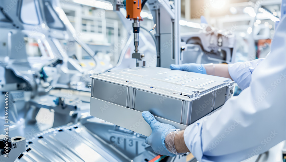 Engineer installing EV battery pack with robotic arm on advanced ...