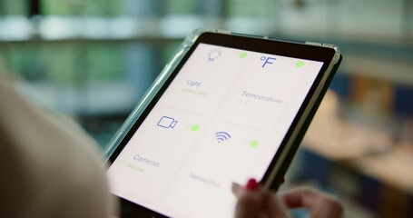 Poster - Smart home, dashboard system or hands on tablet screen for lights, temperature or control panel. Software app, house automation or closeup of woman with touchscreen technology for options or display