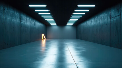 Leinwandbilder - Dark tunnel, modern corridor, neon light, empty space, reflective floor, mysterious atmosphere