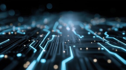 Futuristic blue circuit lines on geometric tech background, symbolizing digital innovation and advanced technology