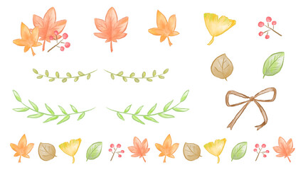 Wall Mural - Set of autumn leaves and nuts, hand-drawn watercolor illustrations in gentle colors / 秋の葉と木の実、やさしい色合いの手描き水彩イラストセット