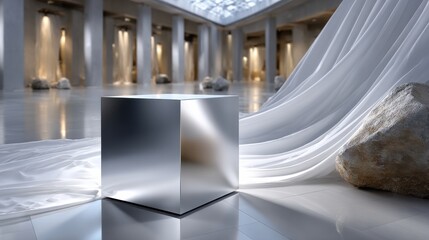 Poster - A silver cube is placed on a white cloth
