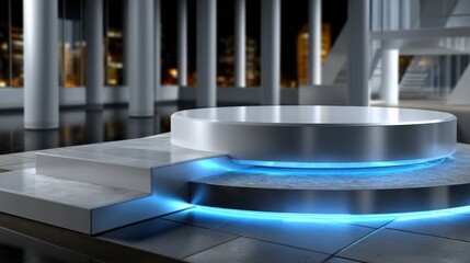 Poster - A large silver circular platform with a blue light shining on it