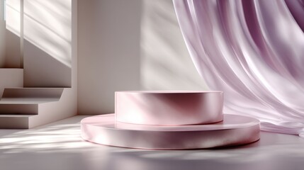 Poster - A pink and white room with a pink curtain and a white staircase