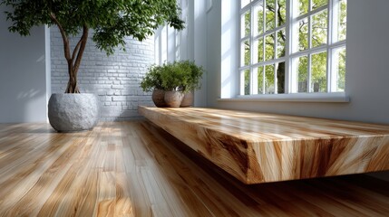 Poster - A large wooden table sits in front of a window with a potted plant on it