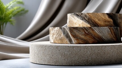 Poster - A stone sculpture sits on a round pedestal, with a curtain in the background