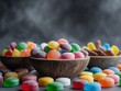 © DEER FLUFFY - Colorful Candy in Wooden Bowls and Scattered on a Gray Surface, Food Photography.