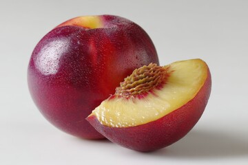 Wall Mural - Juicy red plum with a slice laid beside it on a clean surface