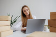 © Sandu - Young businesswoman working at her desk surrounded by boxes and a plant in a light office environment