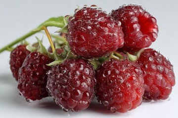 Wall Mural - Fresh raspberries glistening with water droplets against a plain background