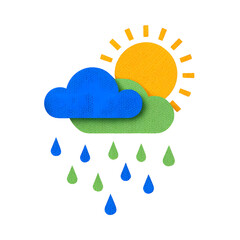 Aufkleber - A simple flat depicting a bright sun behind a blue cloud with green and blue raindrops falling from the sky