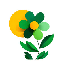 Poster - A stylized minimalist of a green flower with vibrant yellow sun on a clean white background representing the freshness and energy of springtime