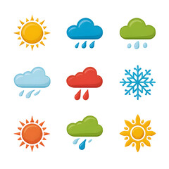 Fototapete - A collection of colorful minimalist weather icons in a flat design style with bold cartoon like shapes and solid blue green and red tones on a white background