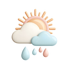 Poster - Cute pastel colored 3D weather icon displaying a cloudy sky with rain and the sun peeking out behind the clouds with soft shadows on a clean white background