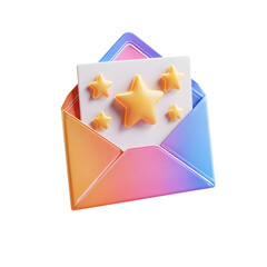 Poster - A visually striking 3D envelope in vibrant pastel colors with a review sheet peeking out and glowing stars on top suggesting a sense of positive feedback or recognition