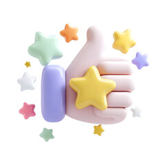 Leinwandbilder - Playful 3D thumbs up gesture in soft pastel colors surrounded by floating star shaped rating symbols against a clean white background