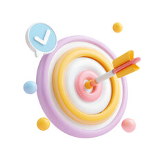 Leinwandbilder - Colorful 3D rendering of a pastel toned bullseye target with an arrow striking the center accompanied by a floating check mark symbol against a clean white background with soft lighting