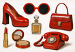 © LiliGraphie - Retro composition of classic 1970s accessories including red cosmetics fashion items in vintage magazine print style. 70s print red platform shoe, sunglasses, handbag, lipstick, blush, perfume, phone