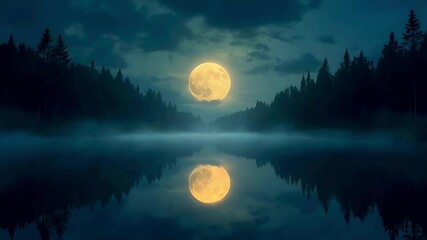 Moonlight reflection over lake serene night landscape nature wallpaper background aesthetic scene. moon reflected on a peaceful lake. serene night scene with moon and water