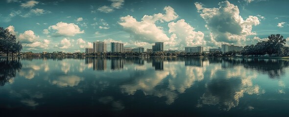 city skyline reflected in calm lake water under a partly cloudy sky.