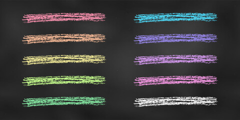 Wall Mural - Children's Chalk Drawn Sketch. Set of Design Elements Multicolored Underlines Isolated on Chalkboard Backdrop.