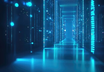 Fototapete - Futuristic glowing blue server racks in a data center hallway with floating particles and reflections. Suitable for AI, cloud storage, security, and advanced computing visuals