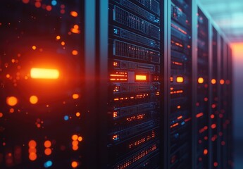 Fototapete - Close-up view of data servers glowing with intense red-orange light in a high-tech data center. Excellent for cybersecurity, cloud infrastructure, and computing power themes