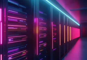 Fototapete - High-tech data servers with vivid neon pink and orange lighting in a futuristic corridor. Ideal for cloud storage, AI platforms, cybersecurity, and modern IT visuals