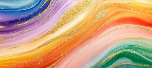 Poster - Closeup of abstract rough colorful multicolored rainbow colors with golden glitter art painting texture background banner long panorama, oil acrylic brushstroke, pallet knife paint on canvas wallpaper
