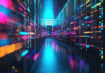 Leinwandbilder - Vibrant futuristic data center corridor with glowing multicolor server lights and reflections, ideal for technology, cloud computing, and cybersecurity visual content