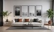 © Traitod - Bright living room, minimalist aesthetic, black framed gallery wall mockup ,  stylish, interior