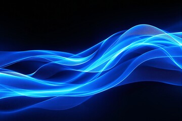 Poster - Glowing blue light waves on dark background.