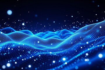 Poster - Abstract digital landscape with glowing blue particles and wave-like structures.