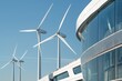 © Elzerl - White and chrome building integrates wind turbines, minimal impact chaos, clean energy city center aesthetic.