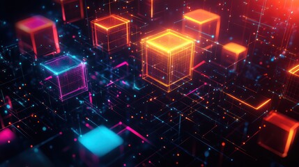 Wall Mural - Glowing Cubes Network Digital Abstract Background