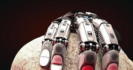 Highly detailed 3D render of a robot hand in close-up, performing a final gripping gesture. A symbolic scene of human replacement by machines, set in mist with dramatic volumetric light
