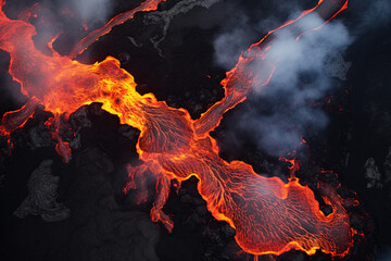 Wall Mural - Volcano eruption from a bird view. Volcano crater and magma flow shot from above. Genertated AI.
