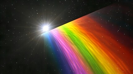 Wall Mural - A bright star shining with a rainbow spectrum against a dark starry sky in a cosmic illustration
