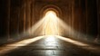 © Khan - A grand, ornate cathedral with a large, open archway, illuminated by a bright, golden light, casting a warm glow on the stone floor and walls.