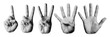 © Satoru Sketches - hands showing one to five fingers count signs, vintage photocopy style, retro halftone effect collection