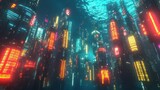 Underwater futuristic city with glowing buildings and vibrant neon lights.