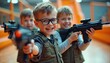 © Maryna - Three boys play laser tag game indoors. Happy kids with toy rifles aim at target. Teamwork, planning, and fun at laser tag arena. Childhood activity with friends.