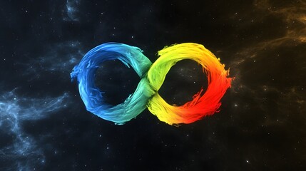 Wall Mural - A colorful infinity symbol with a gradient of blue to red against a starry space background