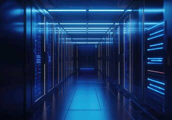 Leinwandbilder - Dark data center corridor illuminated by blue LED lighting with high-tech server racks, perfect for IT infrastructure visuals, cybersecurity themes, and cloud service ads