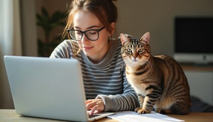 Young woman with eyeglasses works on laptop computer with cat at home. Remote work, business, education, shopping concepts with pet. Freelancer at home office, domestic lifestyle. Modern tech, comfy