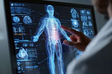Poster - Doctor Analyzing Human Body Scan on Screen, Representing Medical Innovation and Healthcare Solutions, for Scientific Research and Pharmaceutical Development : Generative AI
